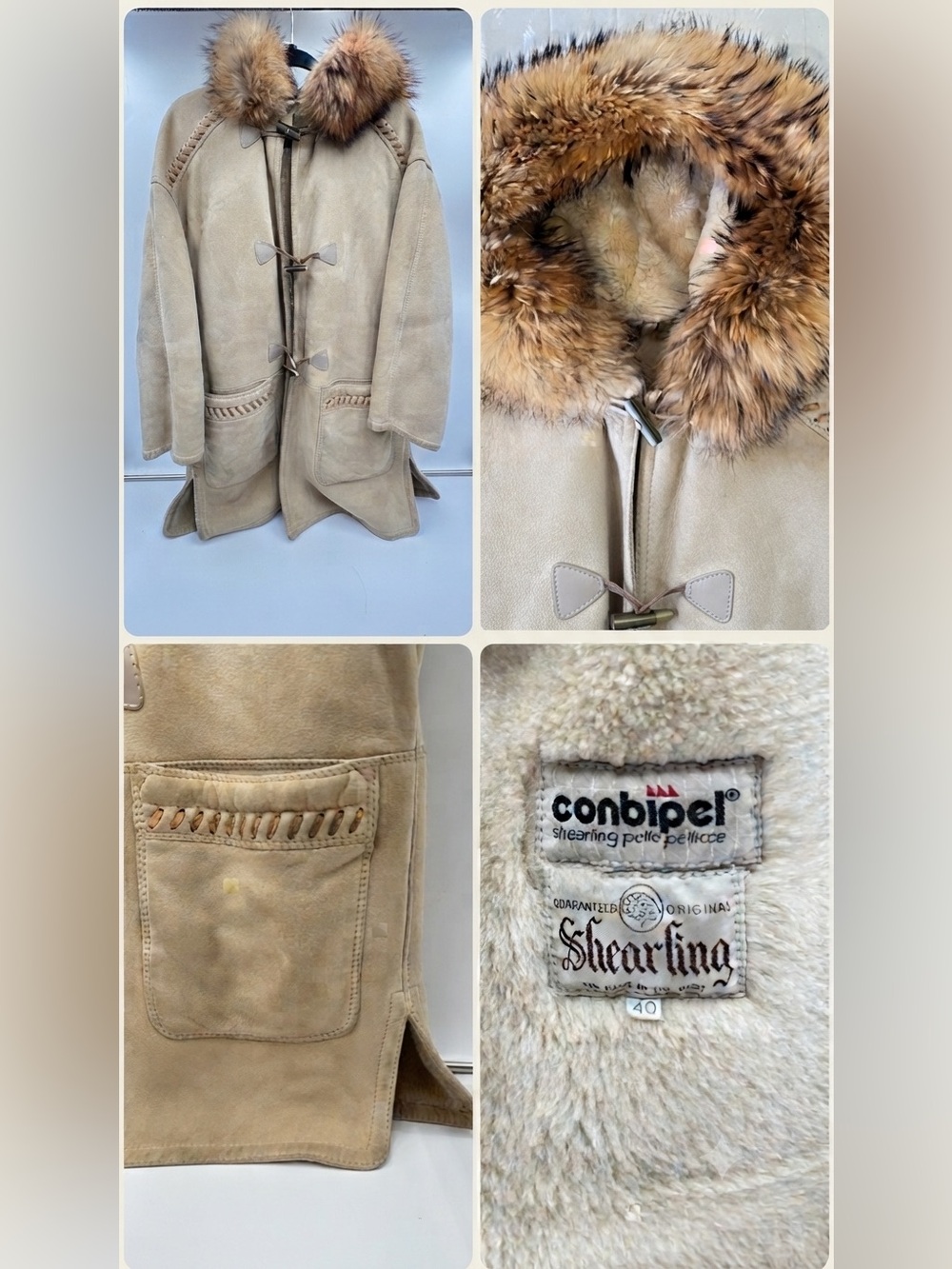 Vintage Conbipel Genuine Italian Shearling Duffle Coat - Size 40, Fur Hood,